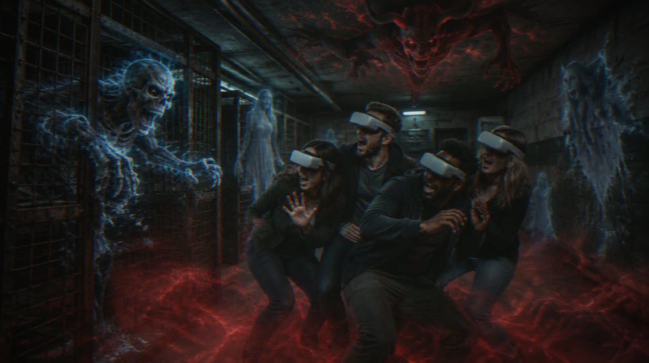 Concept: a group in headsets reacting to AR creatures in the bunker