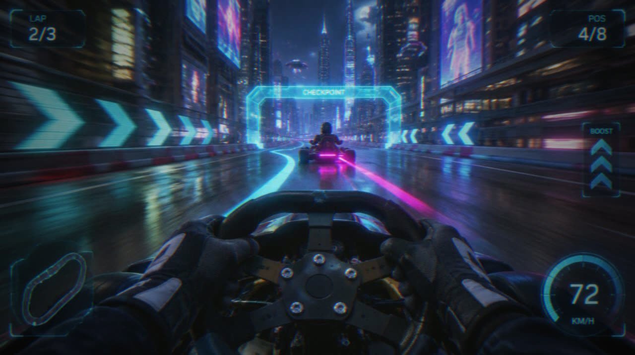 Concept driver view: the real kart wheel with a neon city track ahead