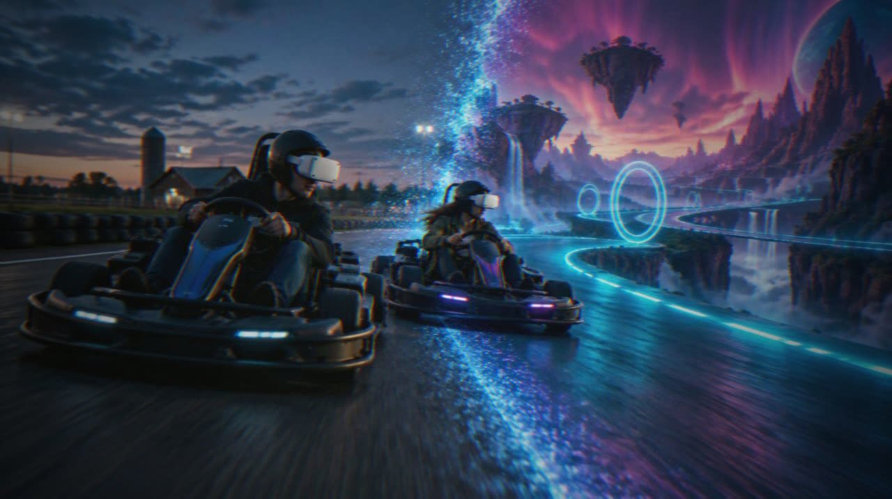 Concept: two karts driving through a portal into another world