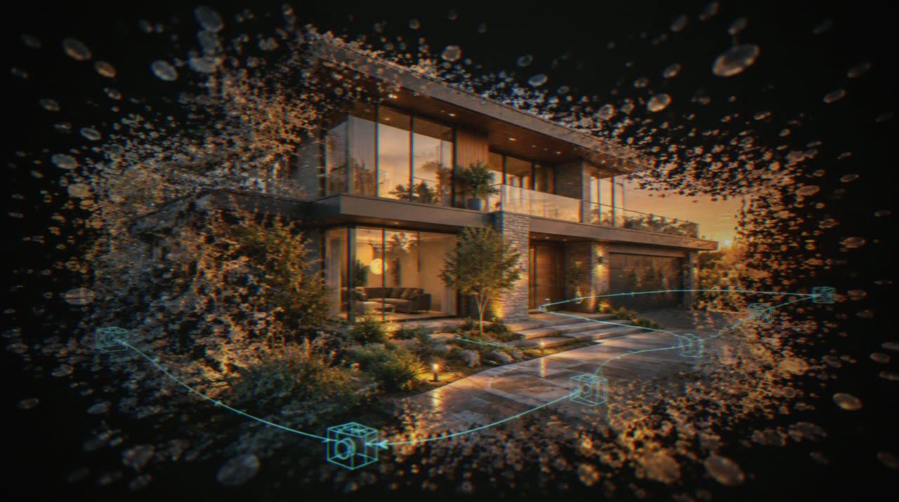 Concept: a house captured as a Gaussian splat, its edges breaking into soft splats
